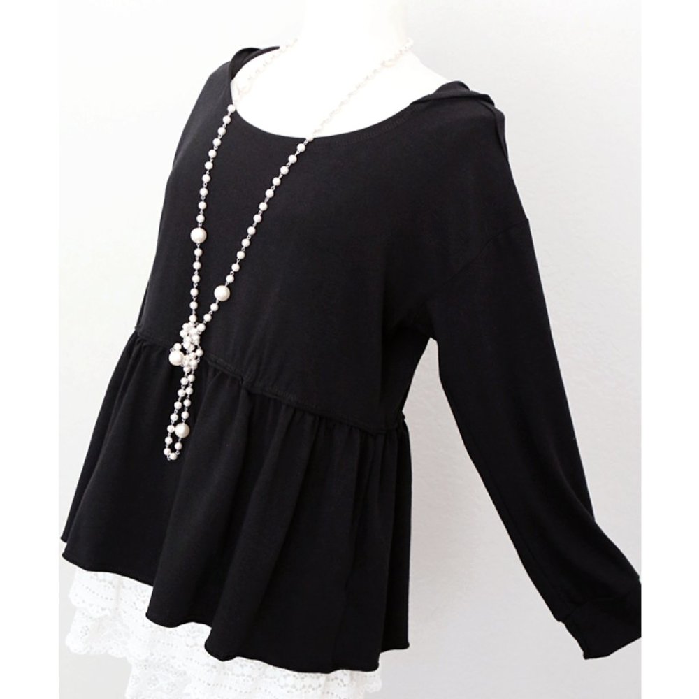 Black Hooded Babydoll Peplum Pullover Cotton Top - Picture 2 of 8